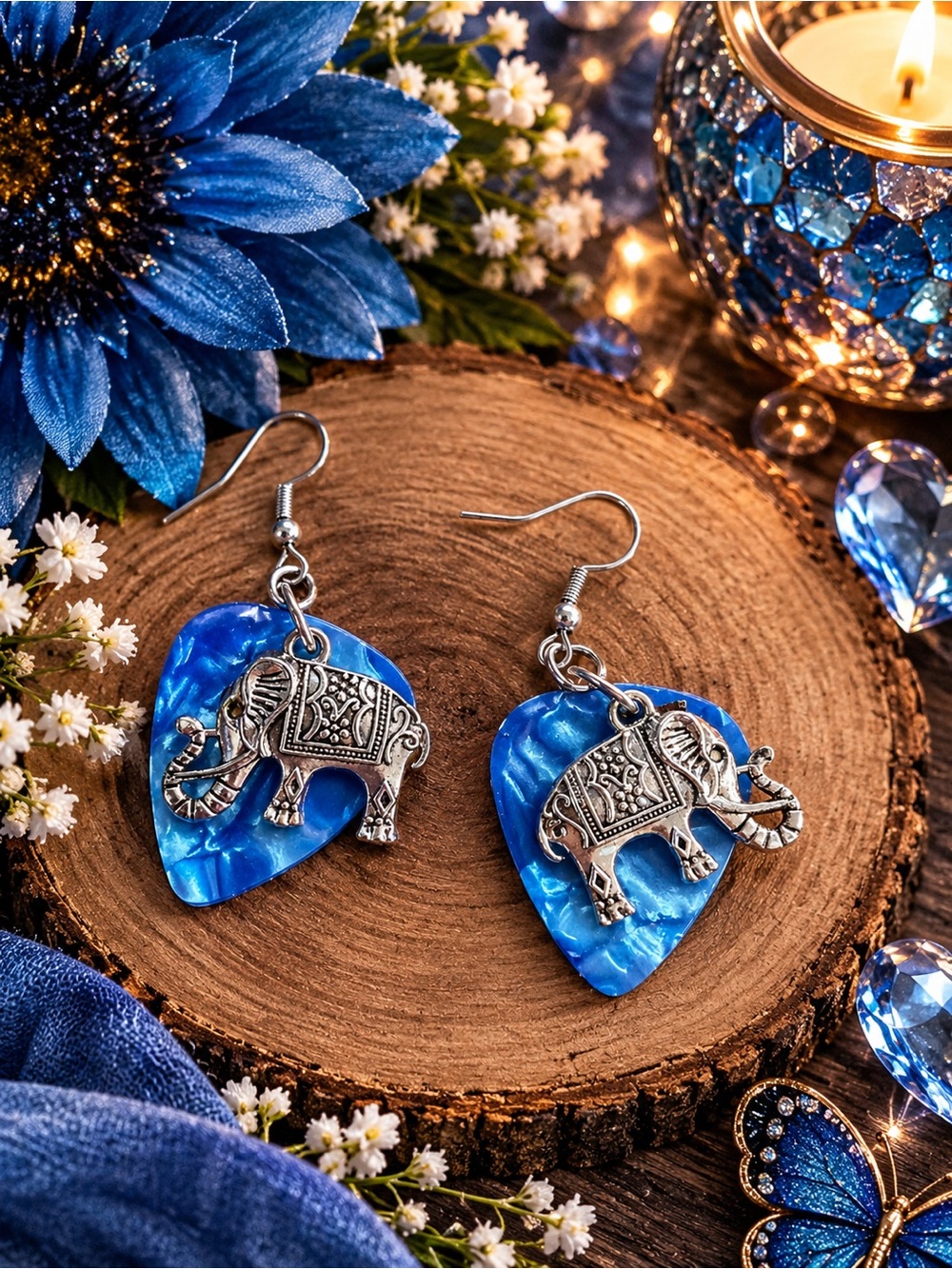 Blue Elephant Charm Drop Earrings